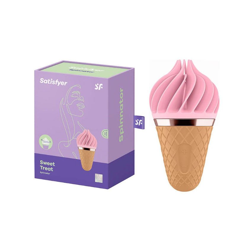 Satisfyer - sweet treat spinnator - clitoral vibrator - Product front view and box side view | Flirtybay.com.au